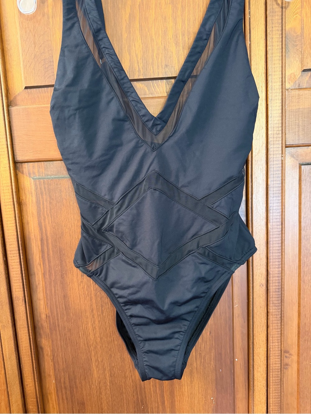 Kenneth Cole Black One-Piece Swimsuit Deep V-Neckline and mesh detail size Med